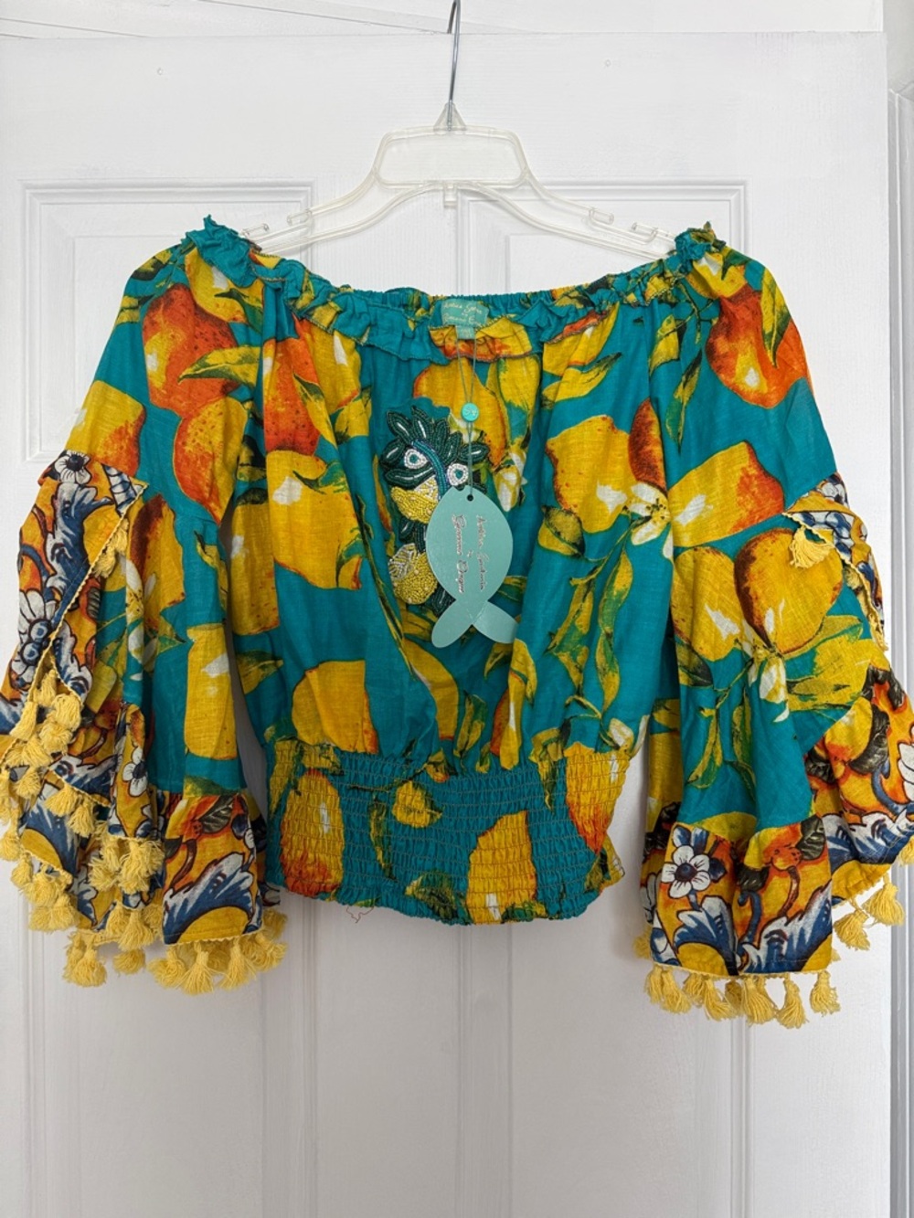Women’s Teal Lemon-Print Off-Shoulder Crop Top with Tassel Trim